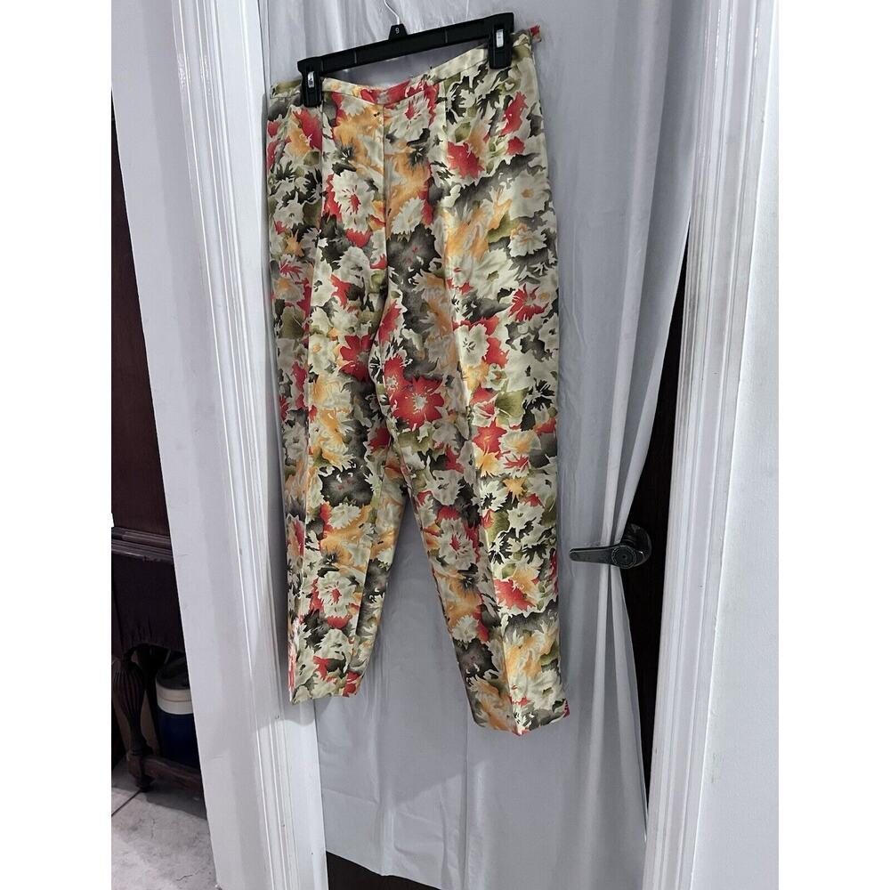 Gianni Petite Silk Multicolor Leaf Pattern Taper Leg Pants 12p